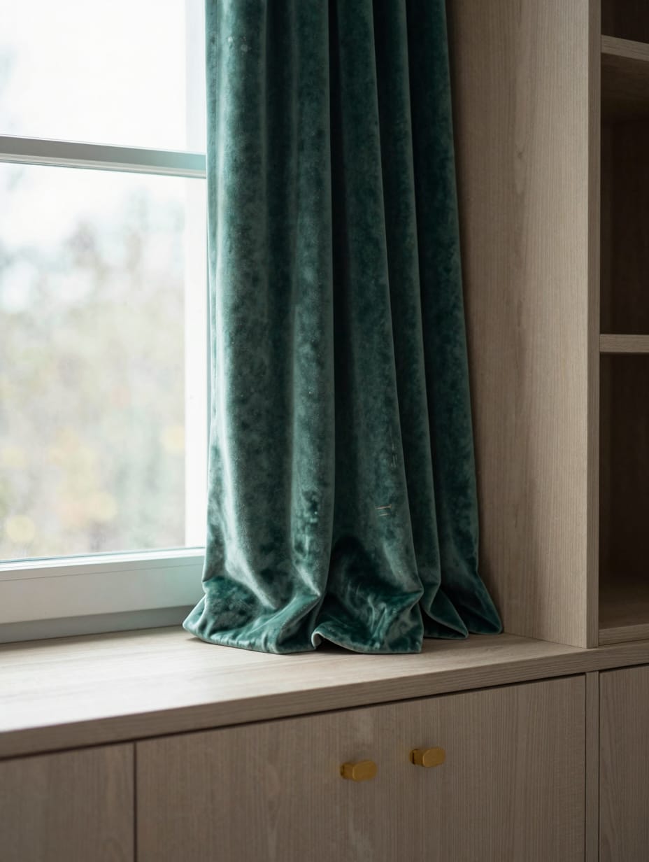 Kitchen window with an elegant, deep-colored velvet pinch pleat valance, luxurious texture.