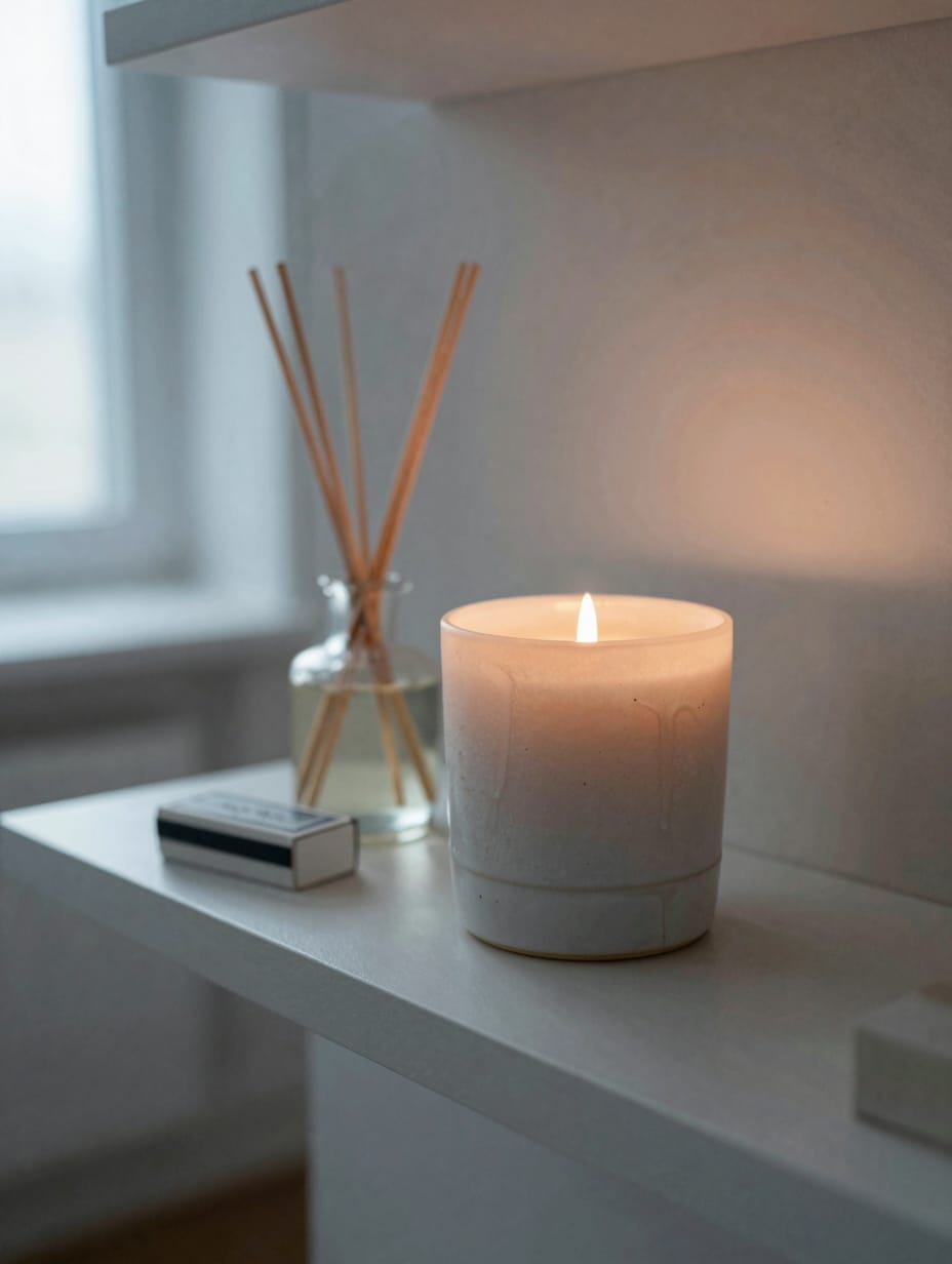 Bathroom shelf with an essential oil diffuser, a scented candle, and small decorative items.