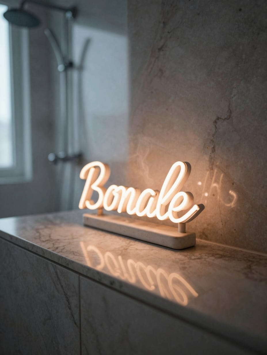 A pink neon sign glowing on a bathroom wall with modern decor elements.