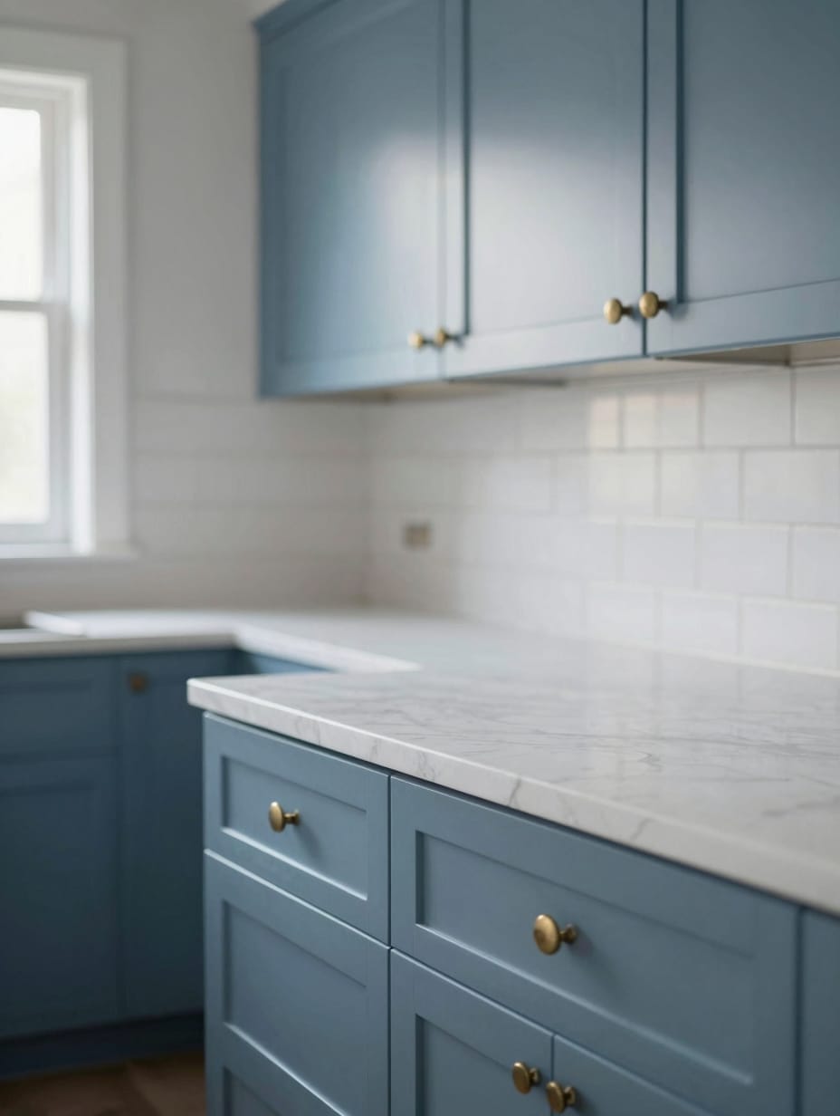 Traditionally styled kitchen with classic medium blue painted cabinets and white subway tile.
