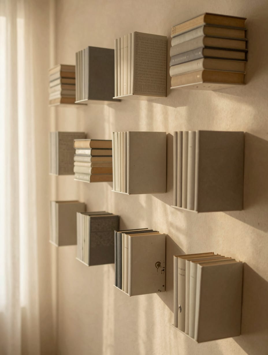 Stack of books appearing to float on an invisible wall shelf, creating a minimalist and magical display.