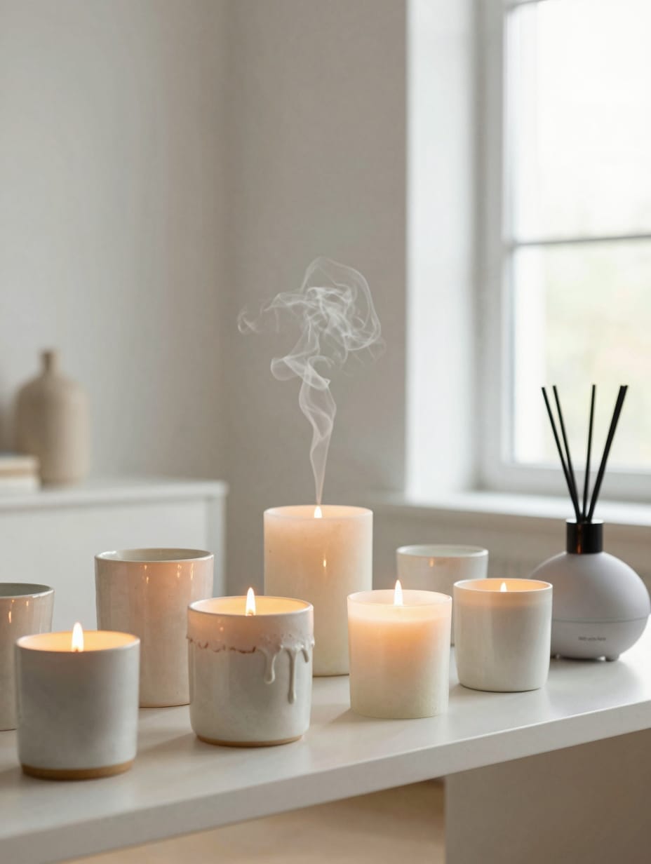 A lit scented candle with a wooden wick sitting on a marble coaster.
