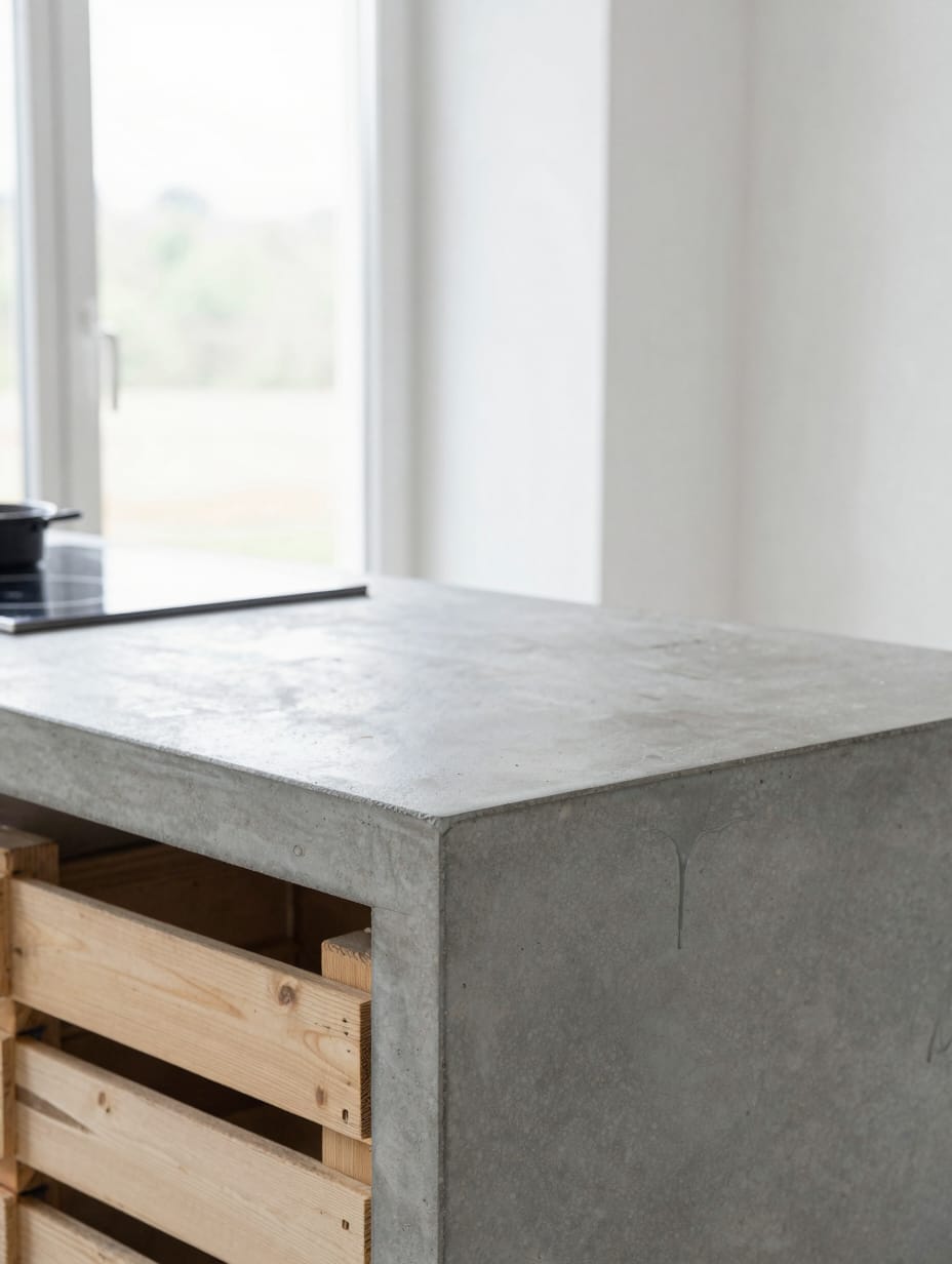 A smooth grey concrete countertop sitting on top of a rustic wooden bench base.