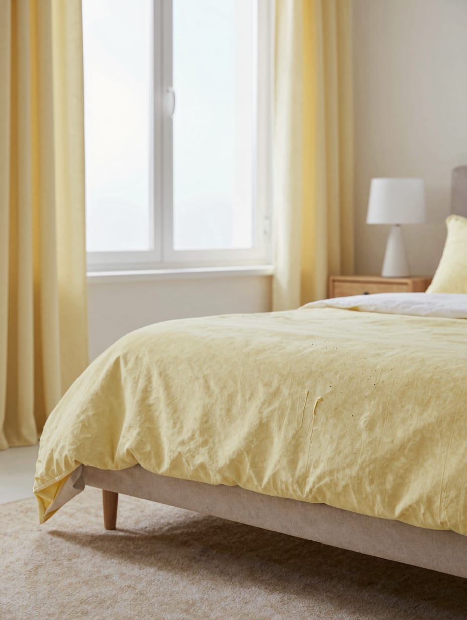 A bedroom featuring butter yellow accents paired with gentle neutral colors like cream and beige.