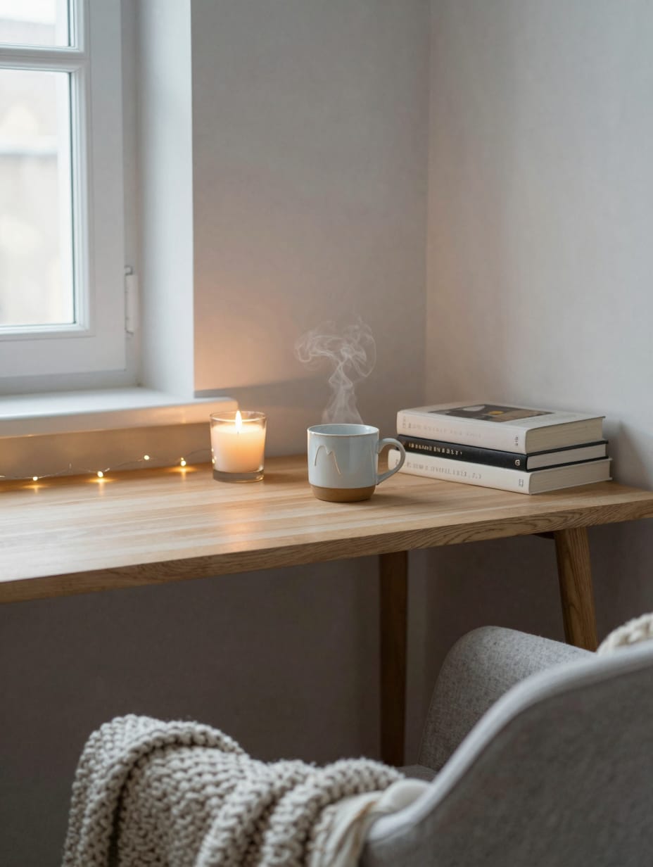 Cozy Hygge corner desk with faux fur rug, warm lighting, and soft decor.