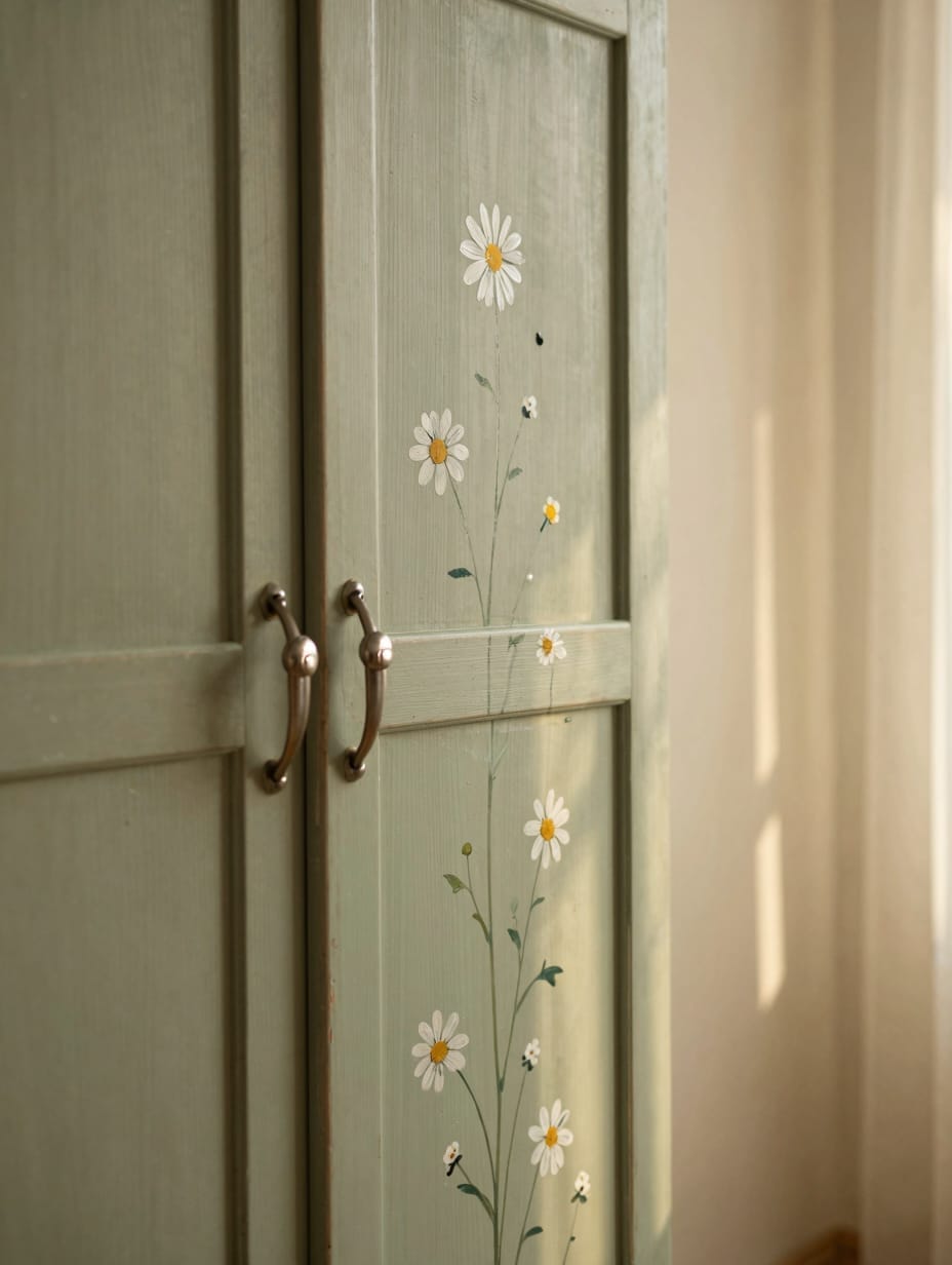 Vintage wooden wardrobe with hand-painted delicate wildflower designs on its doors.