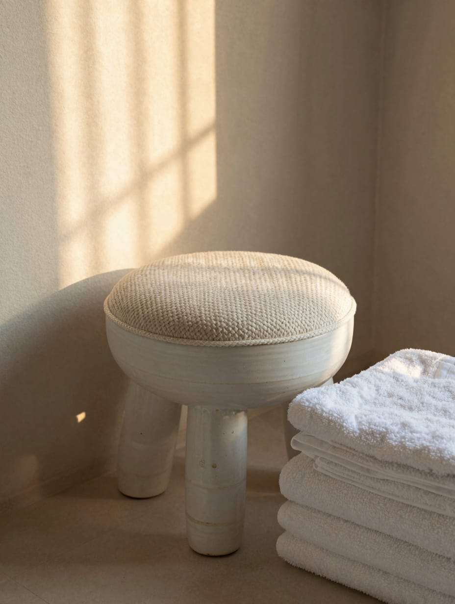 Small, upholstered accent chair placed in the corner of a spacious bathroom.