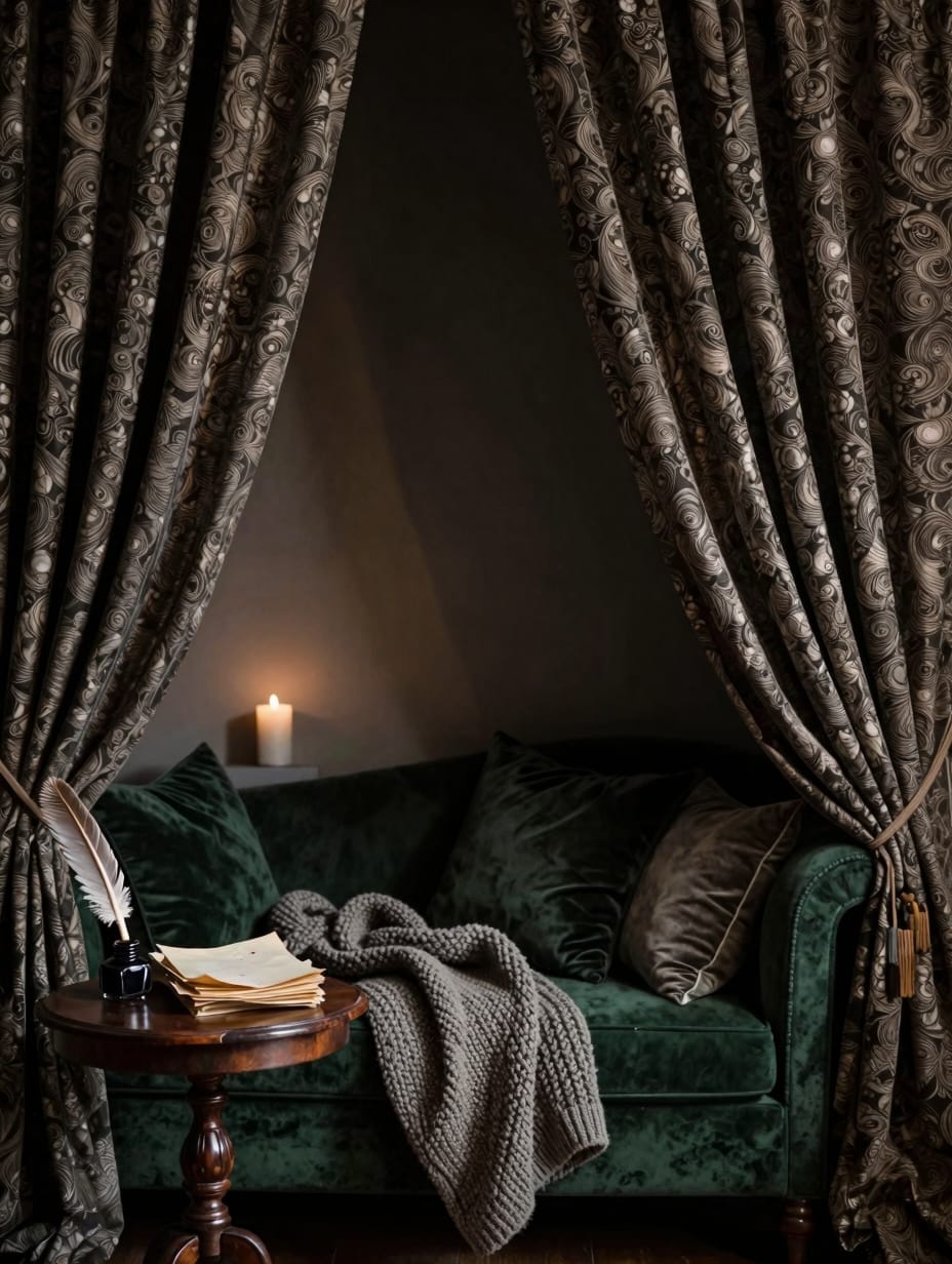 Dark bedroom showing a cozy reading alcove with a chaise lounge and a stack of books.