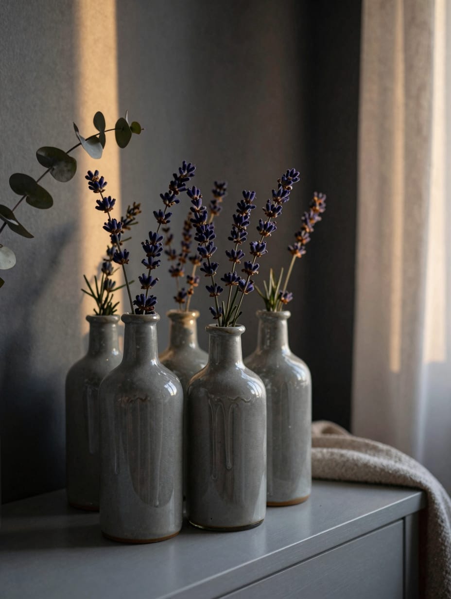 Smoky grey glass bottles and vases filled with dried lavender on a wooden bedside table.