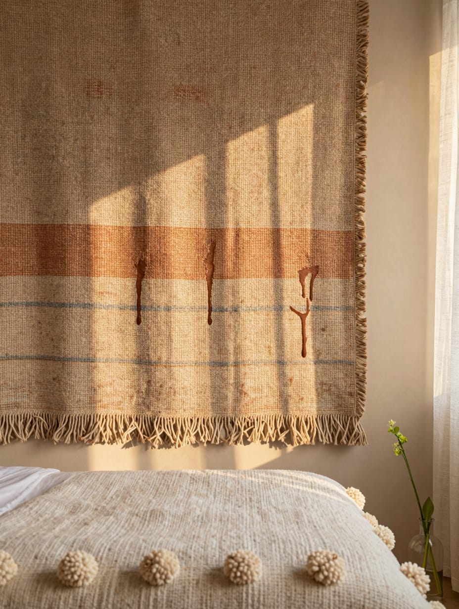 Large macramé wall hanging and woven textiles in an earthy cozy bedroom.