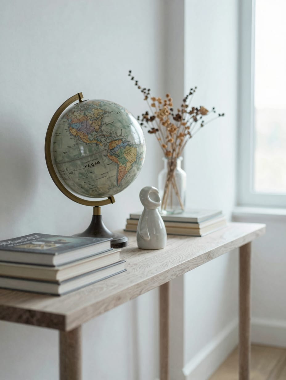 Curated vignette on a side table in an eclectic living room, showing art and objects.