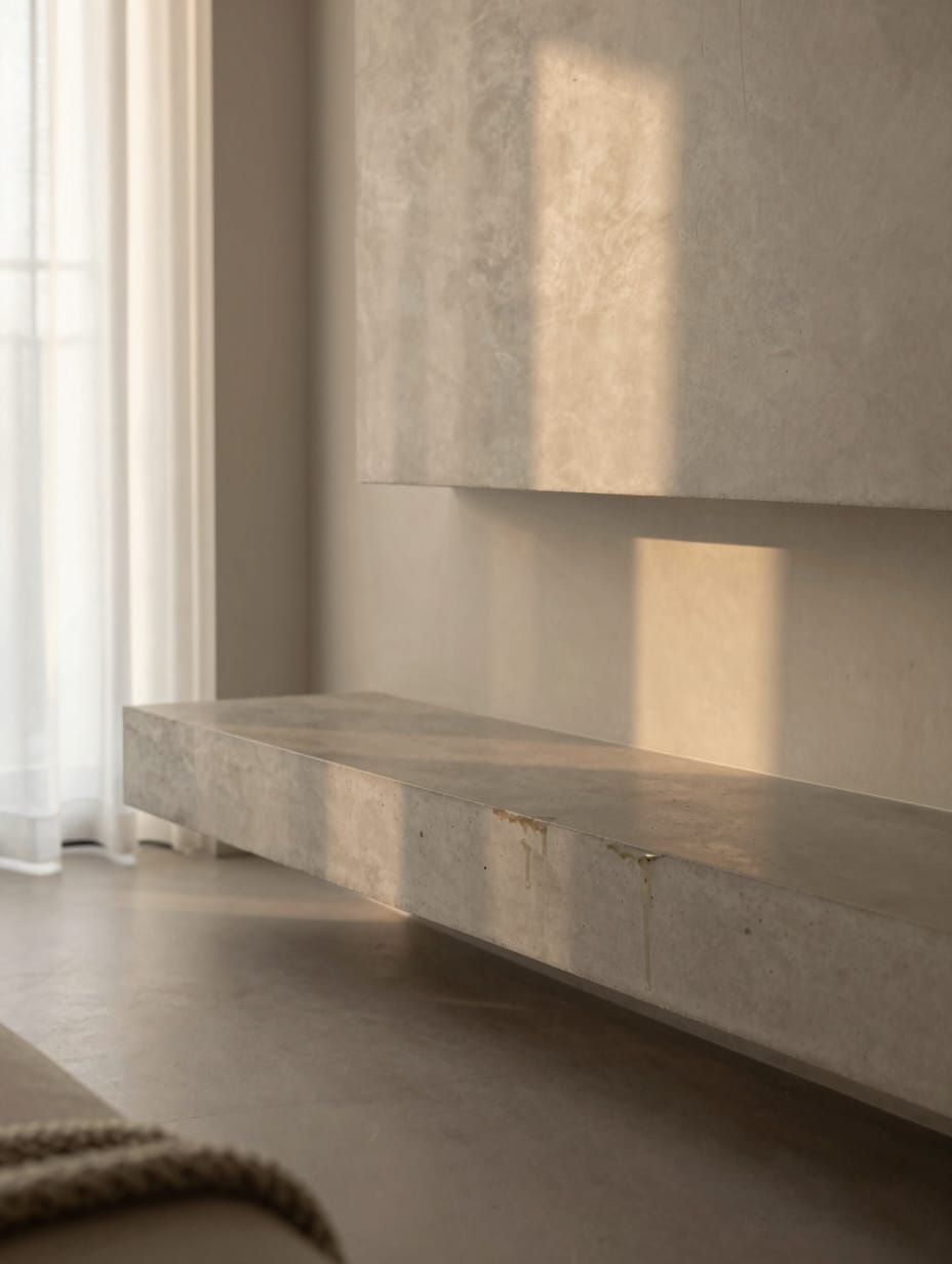 A modern fireplace with an elevated, minimalist concrete hearth extending as a bench.