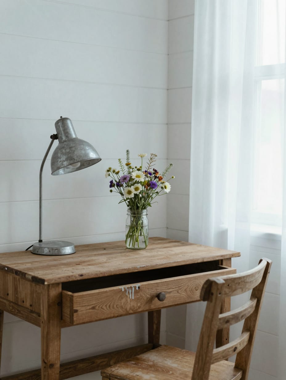 Rustic farmhouse-style corner desk made of reclaimed wood, with a metal task lamp and a simple chair.