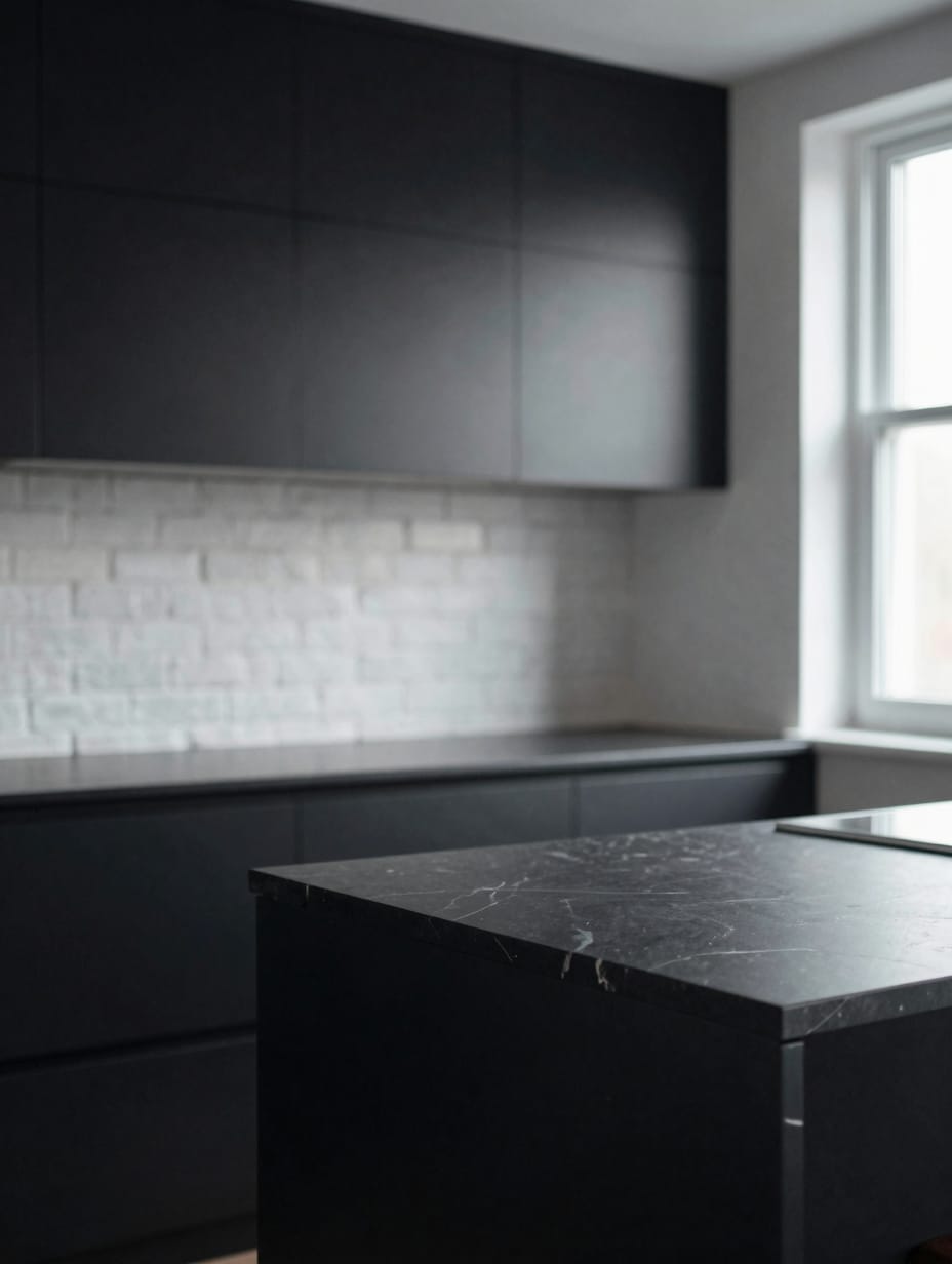 Sleek, modern kitchen with matte black cabinets and light wood flooring