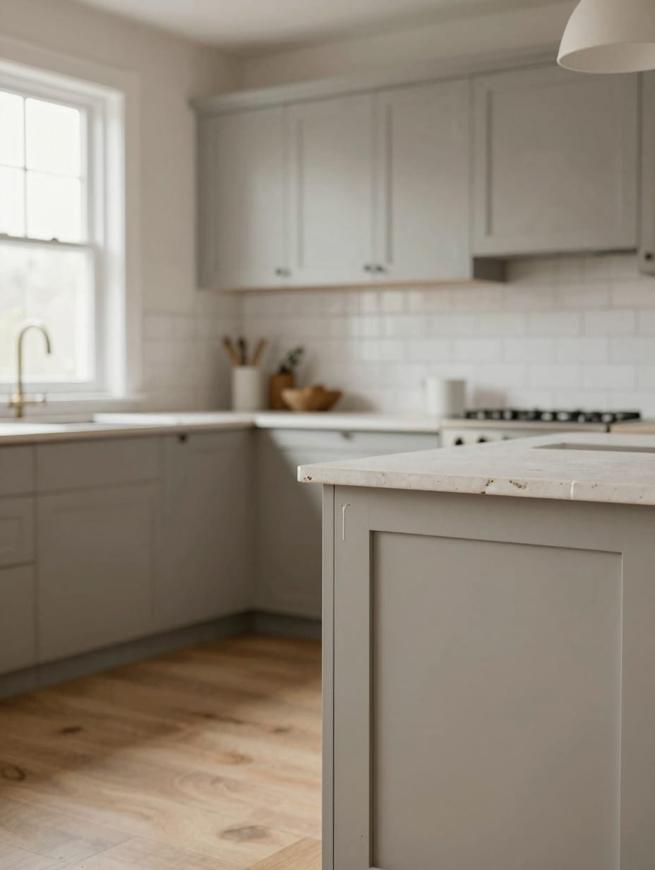 A calm kitchen featuring greige walls and cream cabinets, enhanced by woven storage baskets.