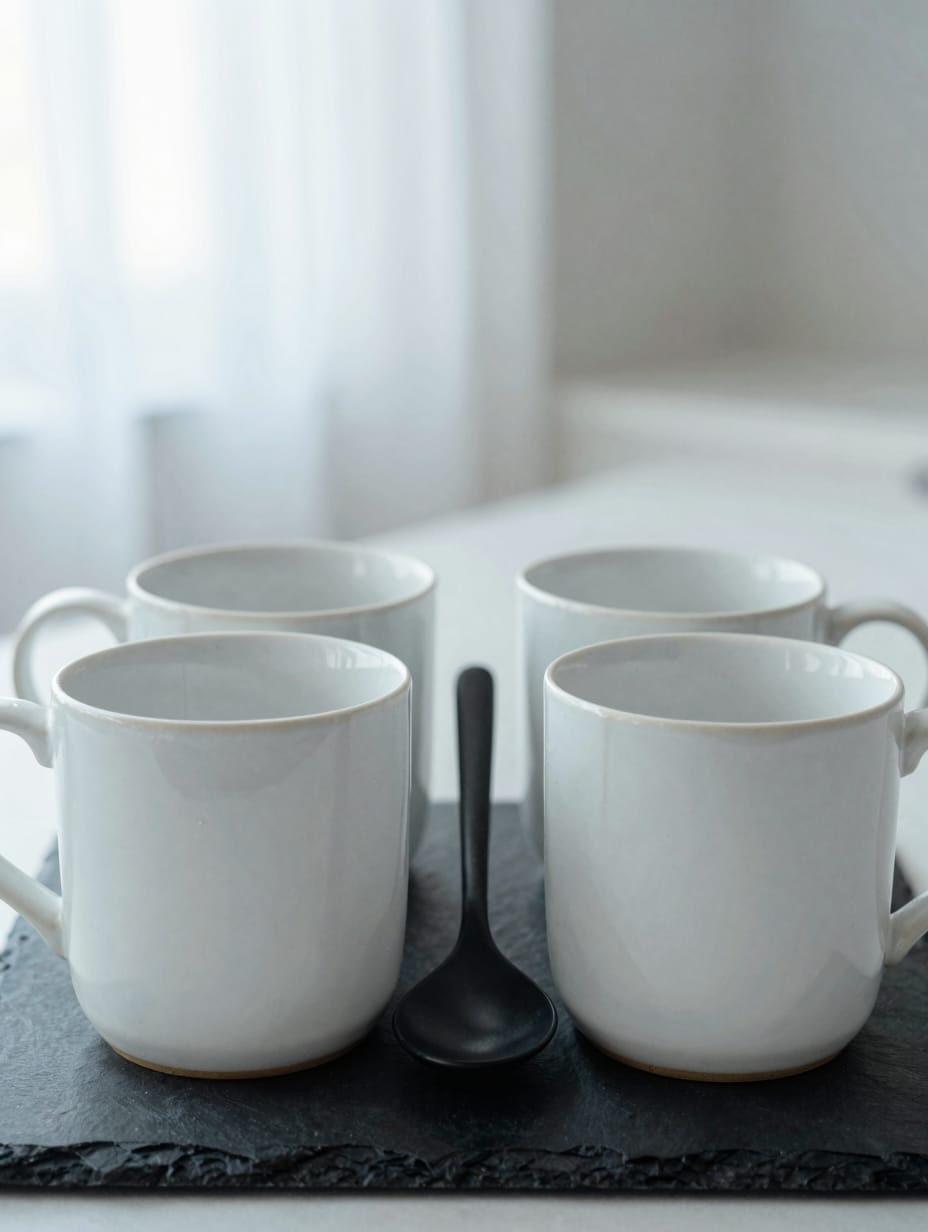 Black tray with white marble coasters and a black vase on a white island.