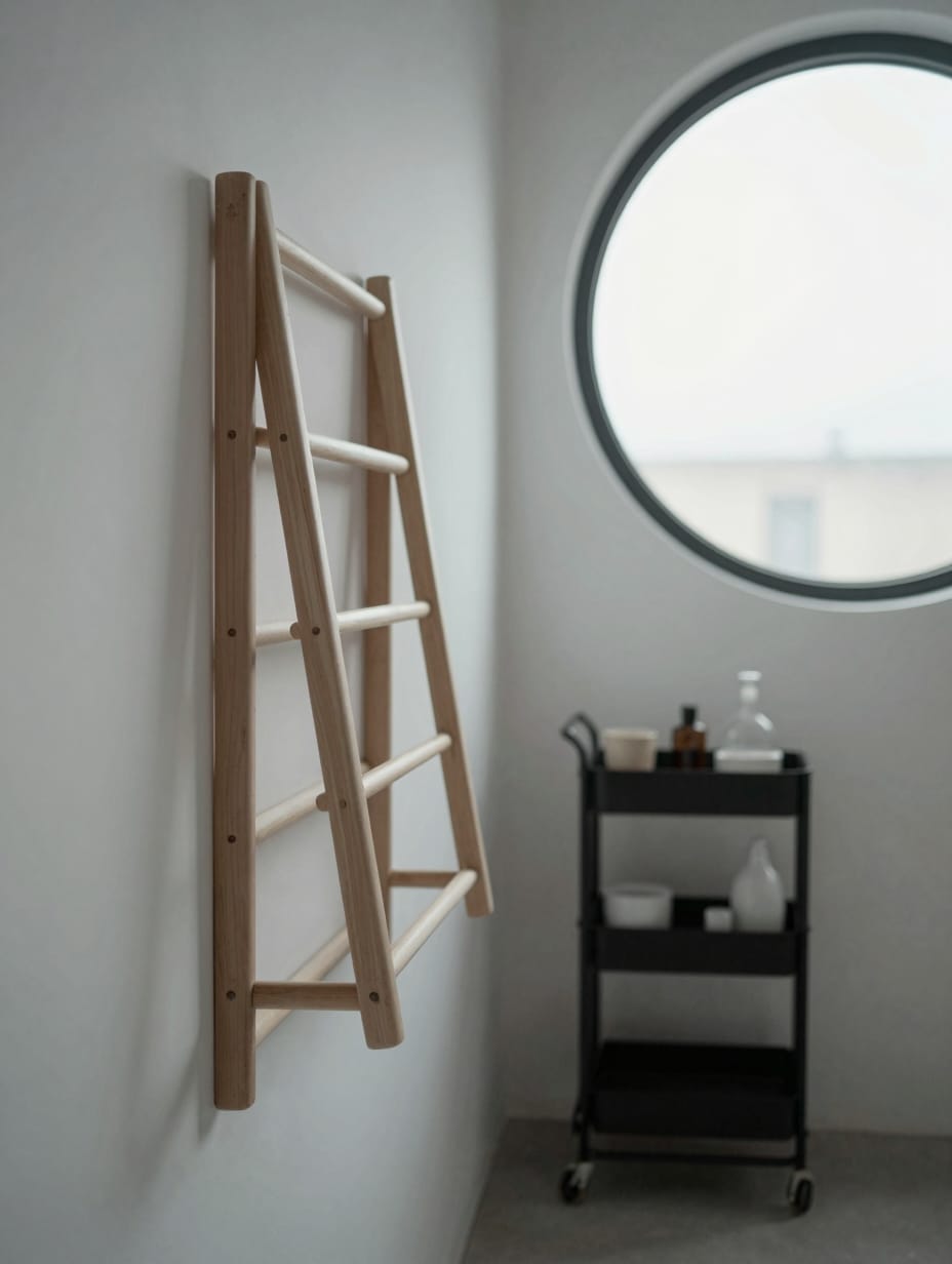 White pegboard with wooden pegs holding laundry brushes and tools.