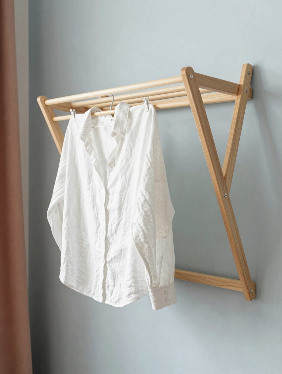 A space-saving wall-mounted drying rack installed in a beautifully organized laundry room remodel, offering a practical so...