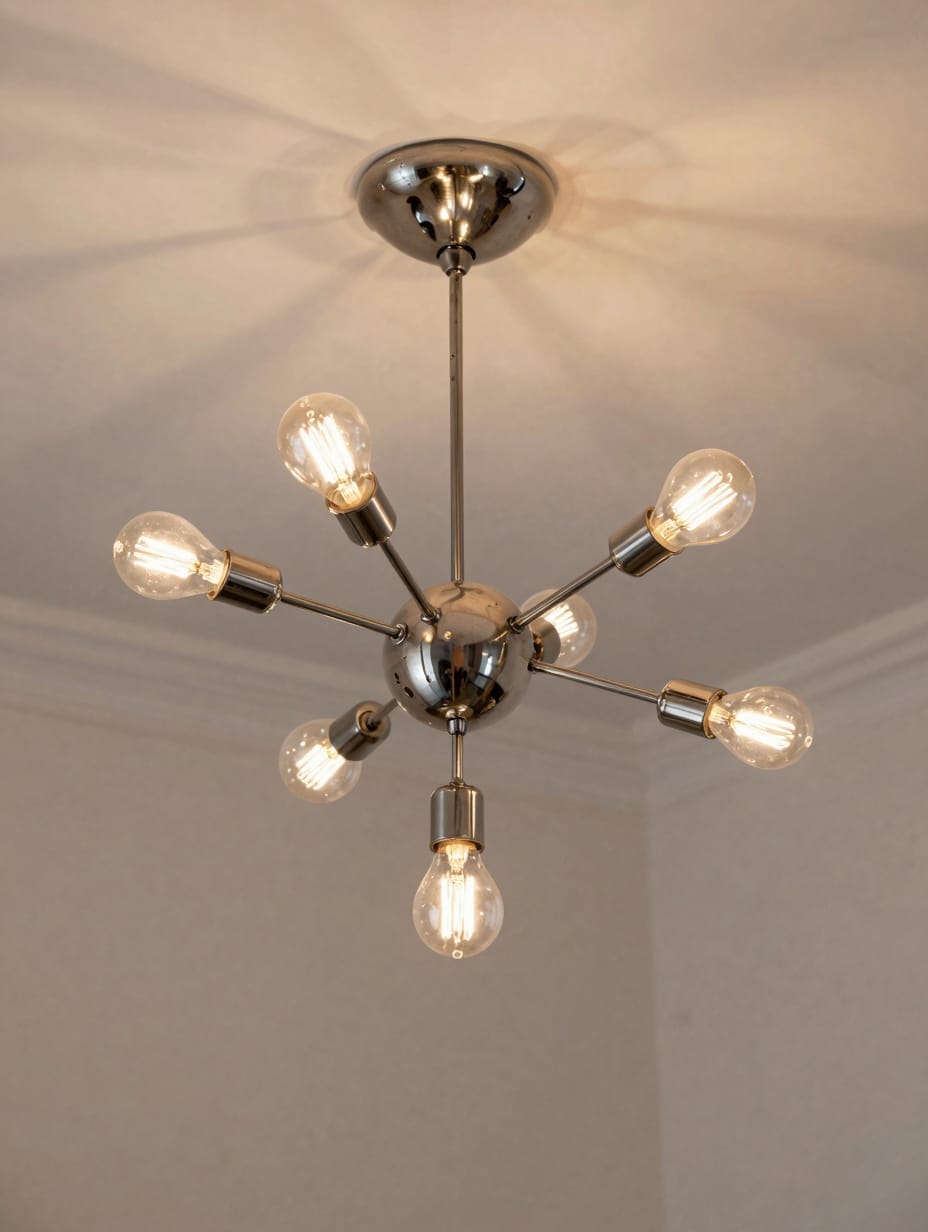 A brass Sputnik chandelier with multiple glass globes hanging in a hallway.