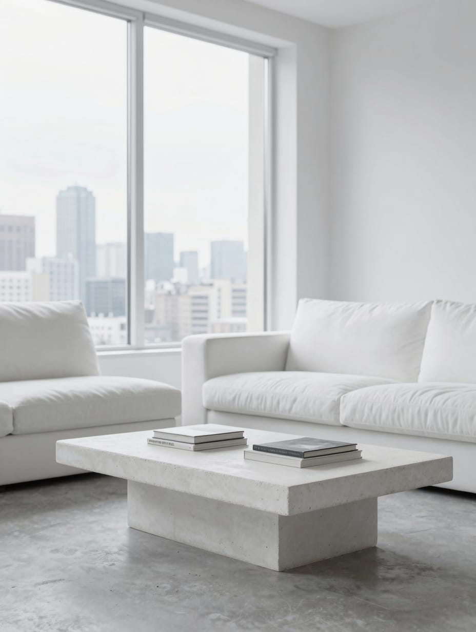 A minimalist living room designed with a monochromatic gray palette, featuring large windows with a scenic view.