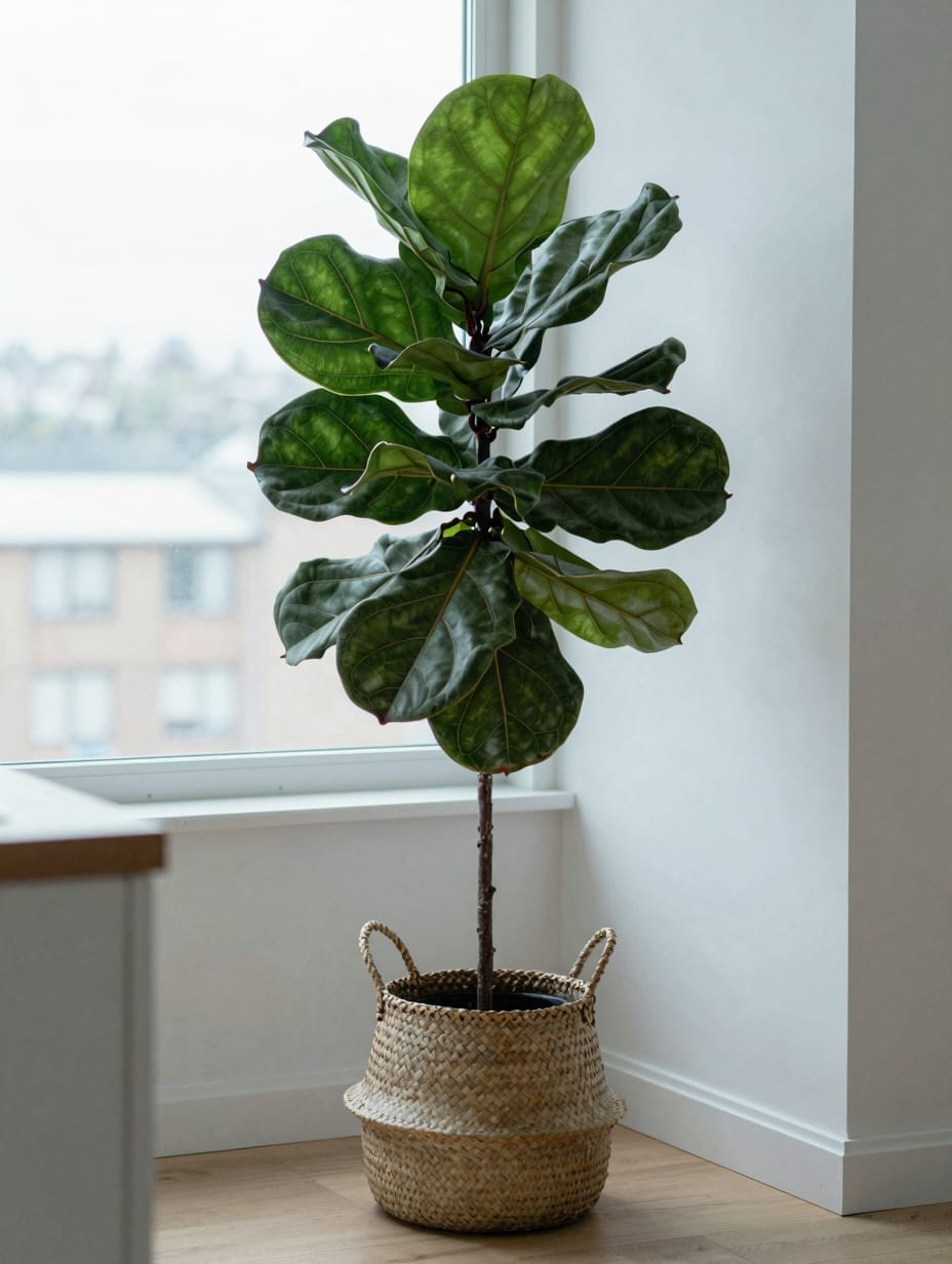 Kitchen corner featuring a tall, lush potted plant in a decorative planter.