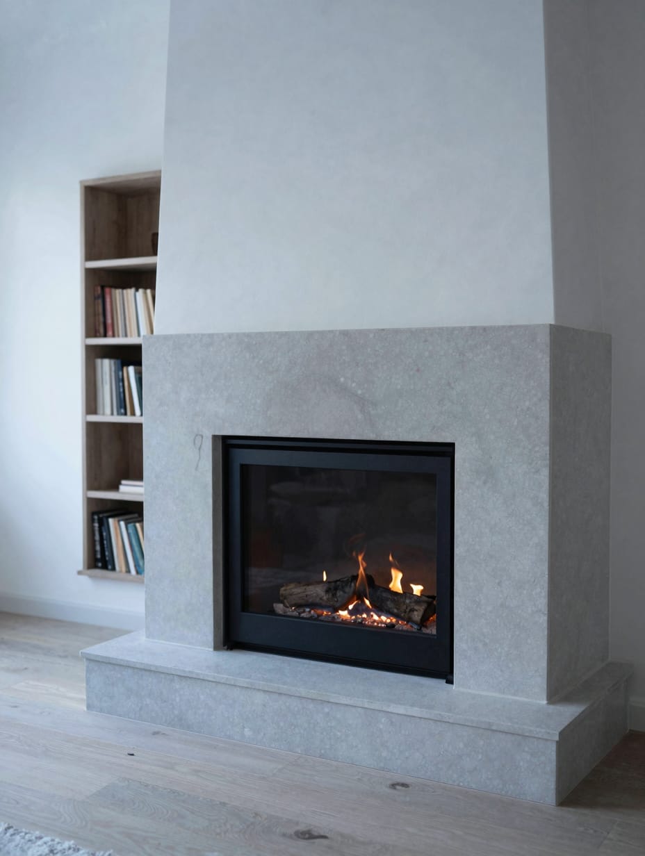A modern double-sided glass fireplace situated between a dining area and living room.