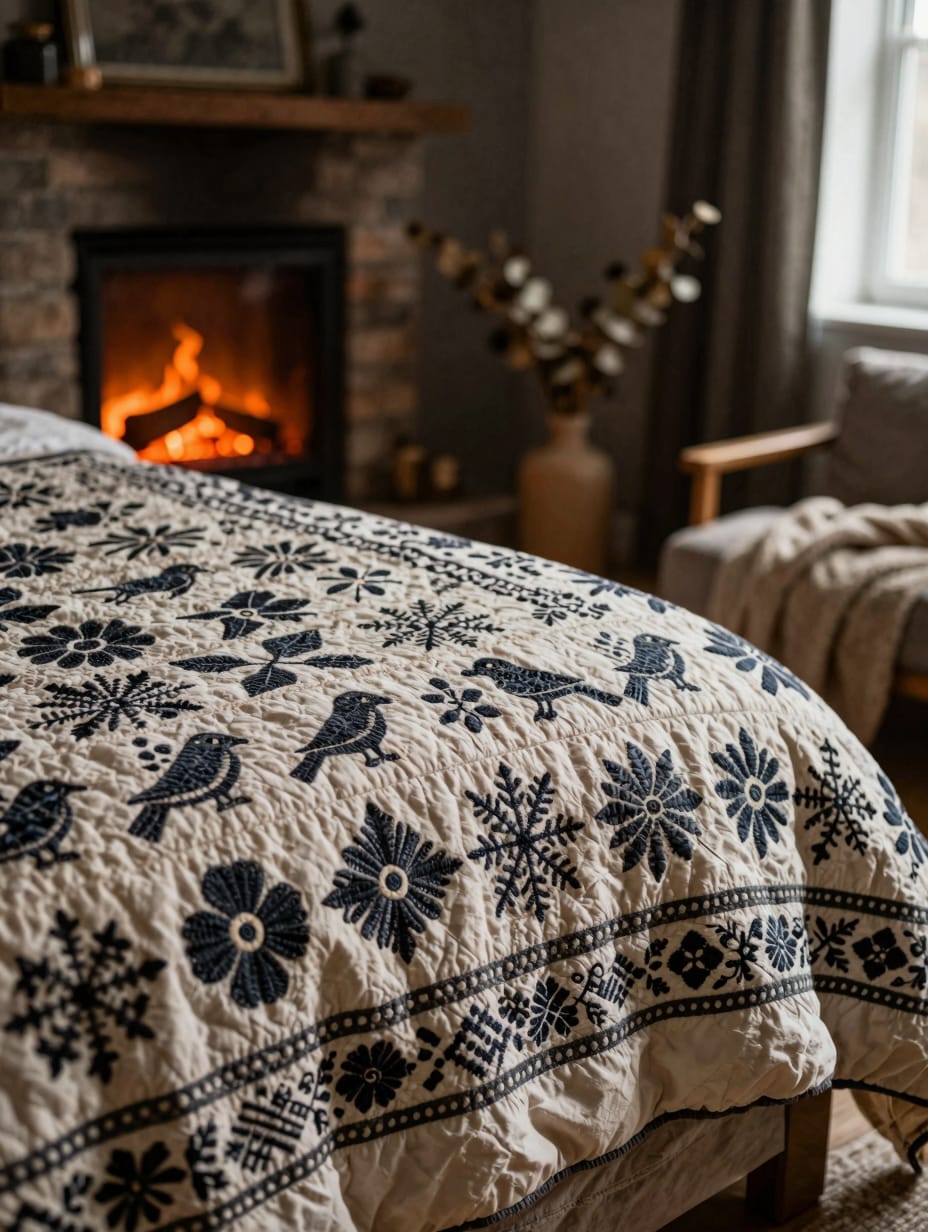A cozy bedroom with a rustic folk-art pattern drenching design, featuring hand-drawn motifs on walls and textiles.