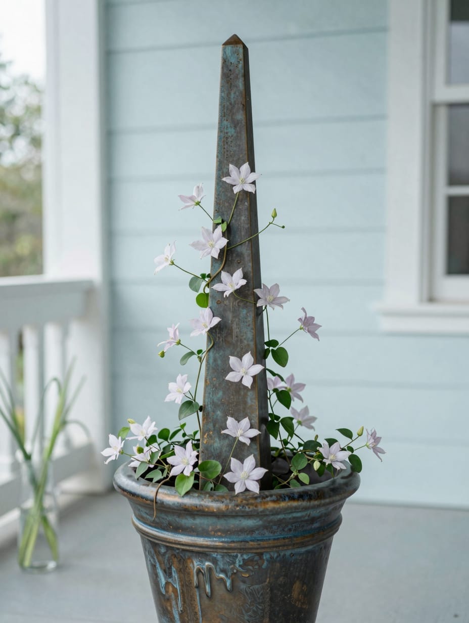 Planter with an obelisk supporting a climbing vine on a front porch.