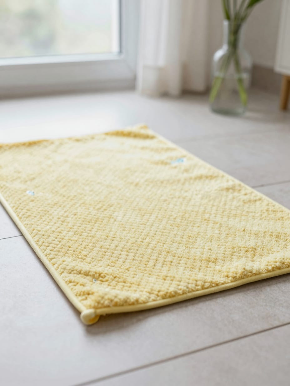 A small oval braided jute rug on the floor in front of a powder room vanity.