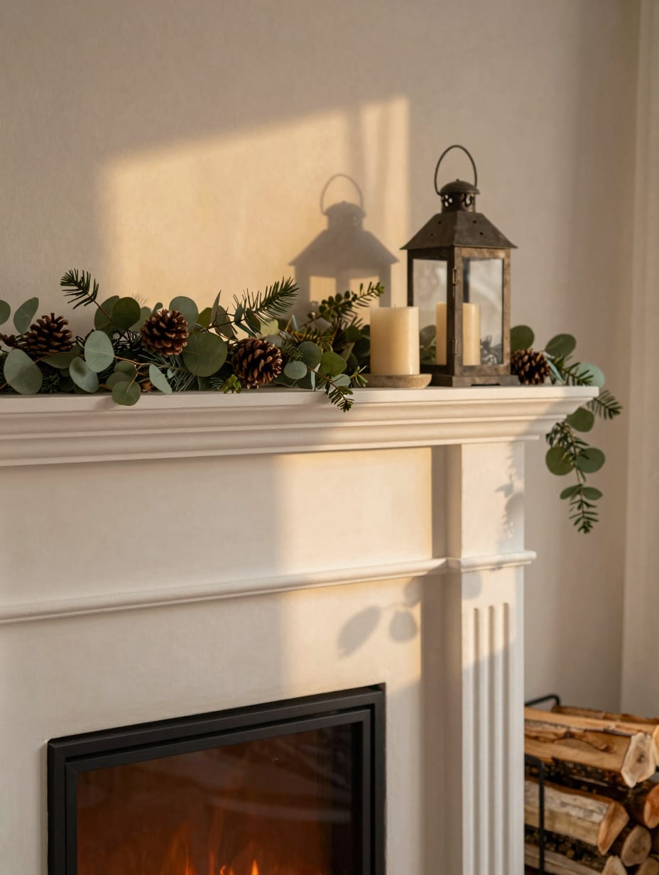 A rustic fireplace hearth with a stone surround, a chunky wooden mantel, and a basket of logs beside it.