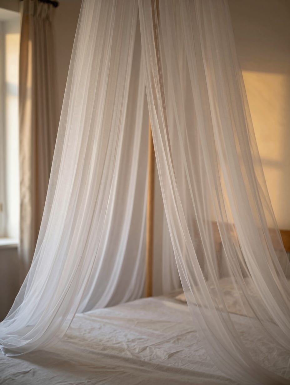 Sheer white fabric canopy hanging over a bed with fairy lights.