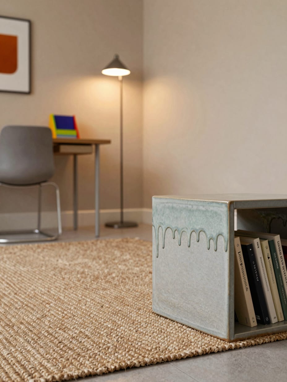 A clearly defined small home office zone in a studio apartment, separated by a light rug and a tall plant.