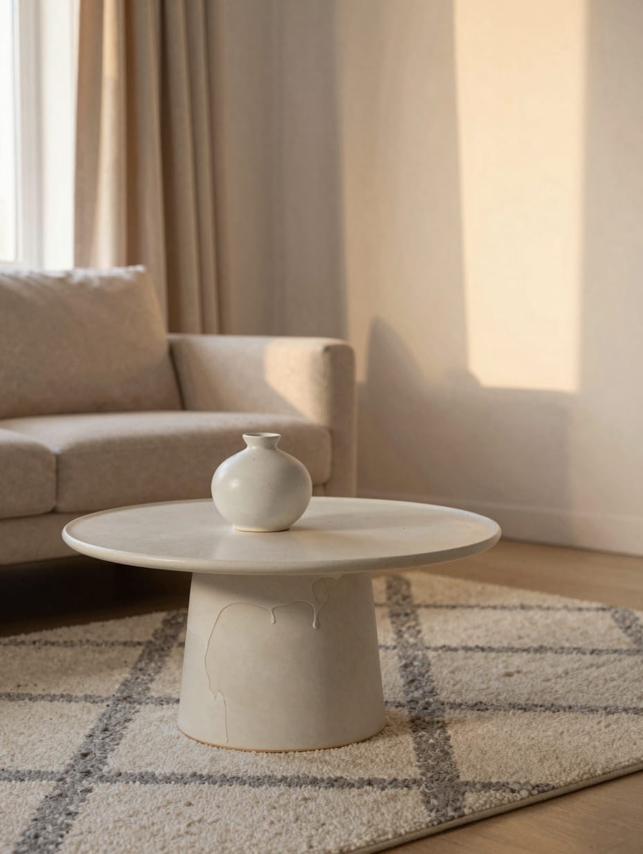Studio apartment showing a defined living area with a textured rug, soft throw blankets, and accent pillows.