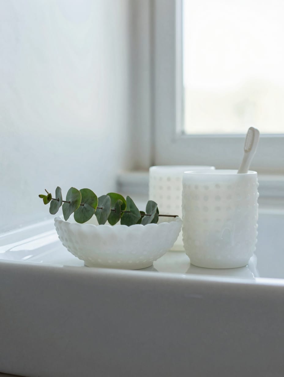White hobnail milk glass soap dish and tumbler on a marble vanity top.