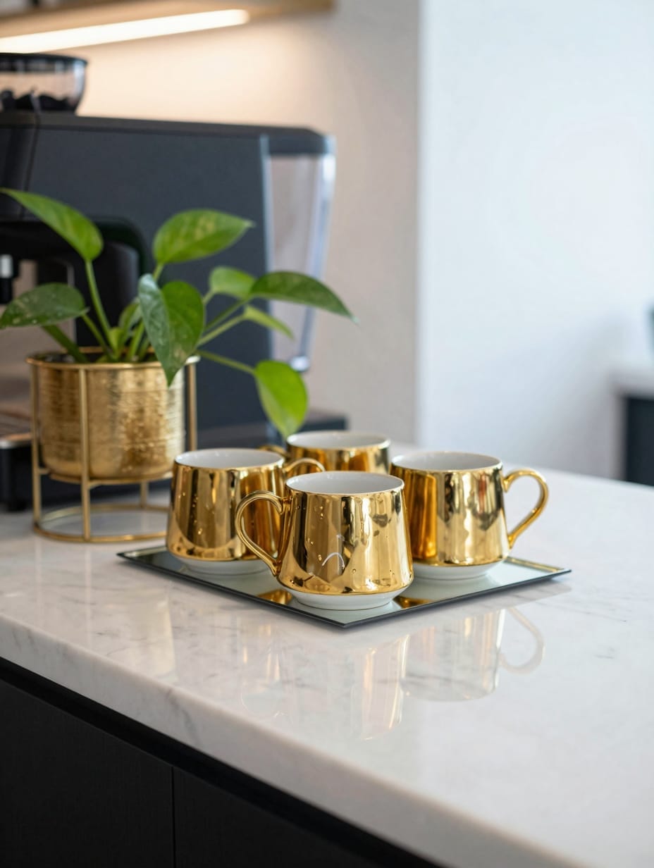 A glamorous spring coffee bar with gold-accented mugs, a small potted plant with lush green leaves, and a gold decorative ...