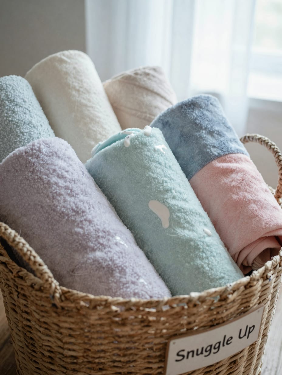 A wicker basket filled with various soft throw blankets, placed on an outdoor patio.