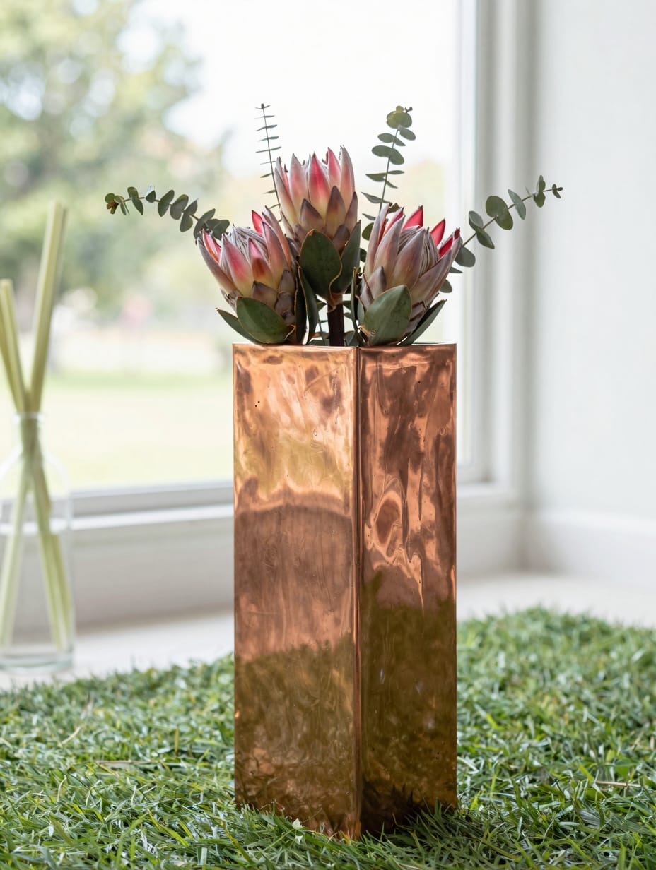 Thin copper pipe rectangular frame standing in front of a green hedge.