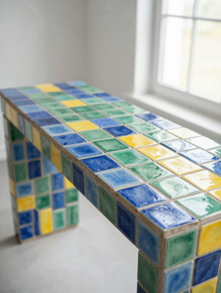 A wooden console table painted with vibrant Mediterranean mosaic-like patterns in blue, terracotta, and yellow.