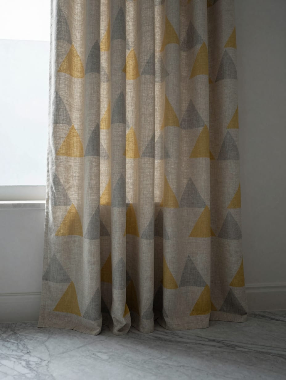 Bright kitchen window with Scandinavian geometric print curtains, minimalist and clean.