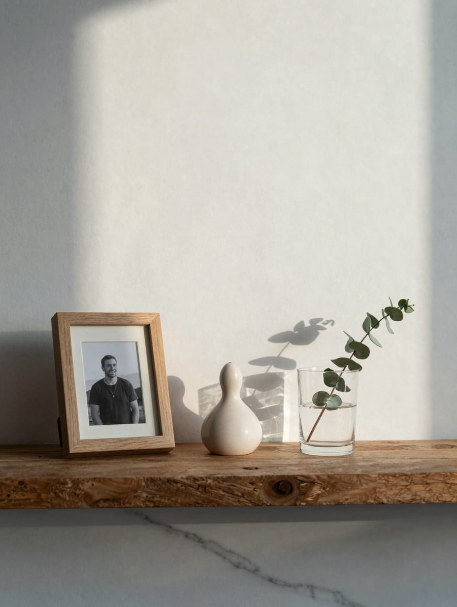 Bathroom shelf displaying personal items like a small framed photo and a unique souvenir.