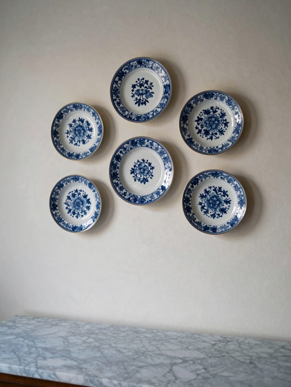 A collection of vintage floral plates arranged decoratively on a bathroom wall.
