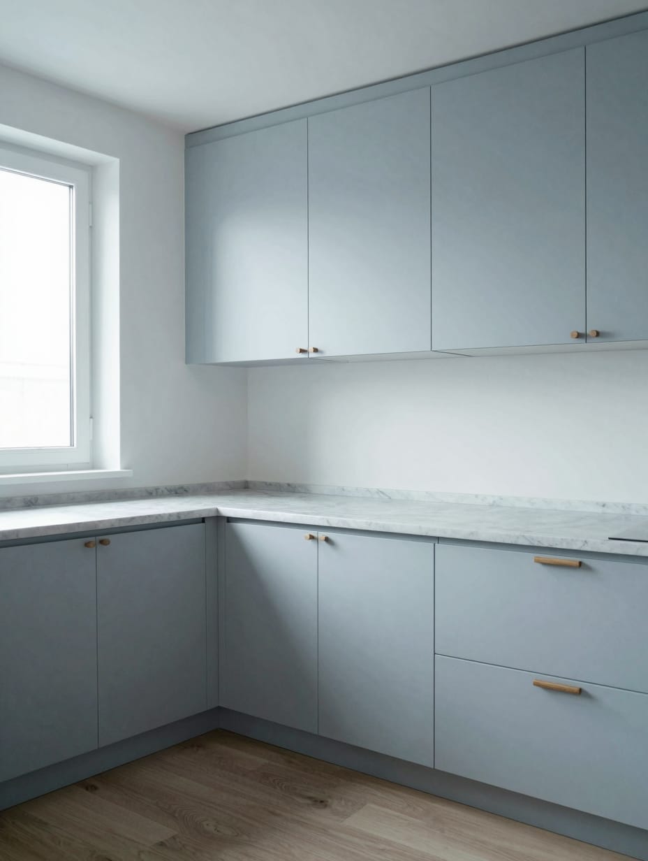 Minimalist Nordic style kitchen with pale light blue flat-panel cabinets.