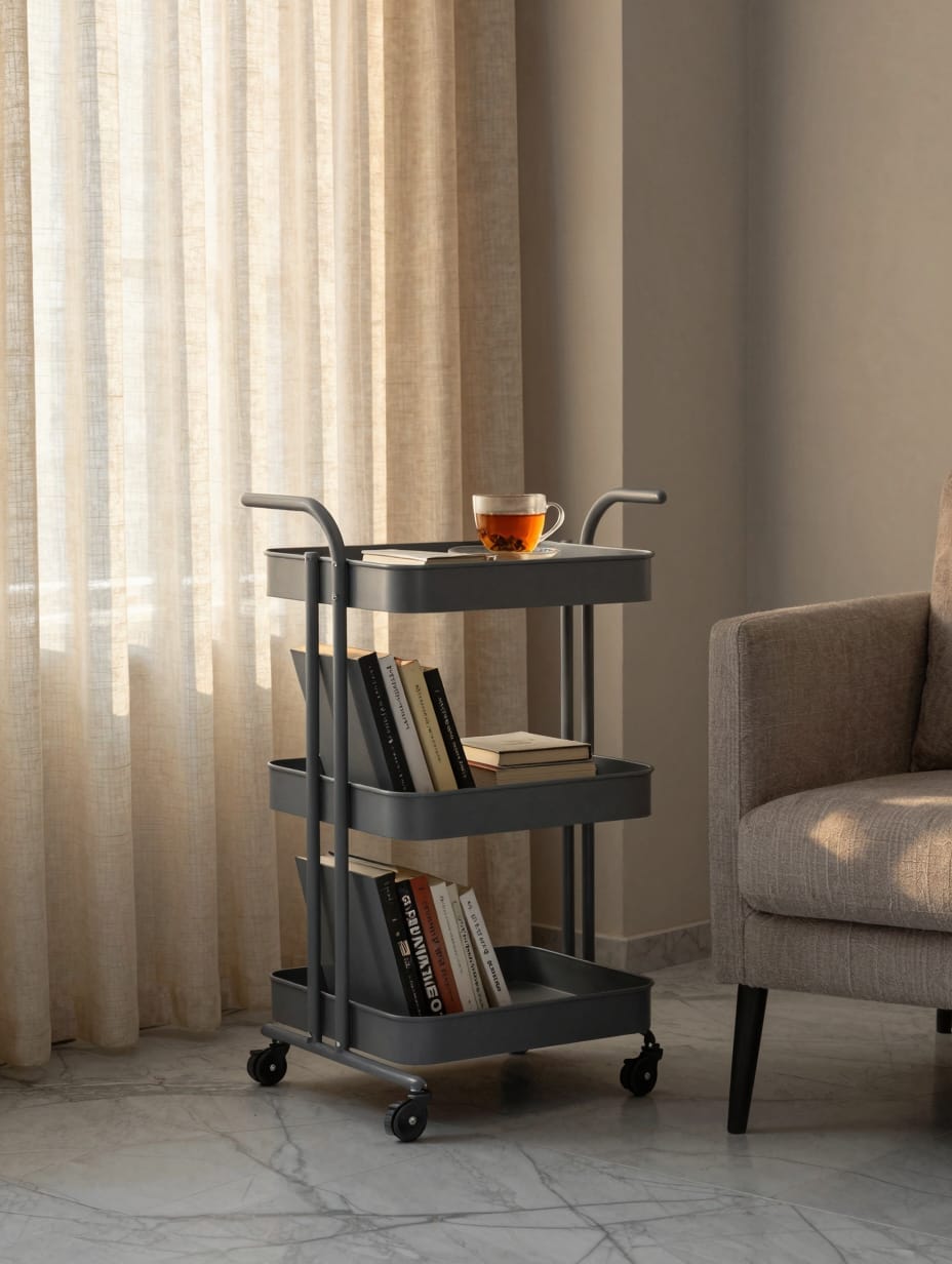 Small wooden mobile bookshelf cart on wheels, filled with books, next to an armchair in a cozy room.