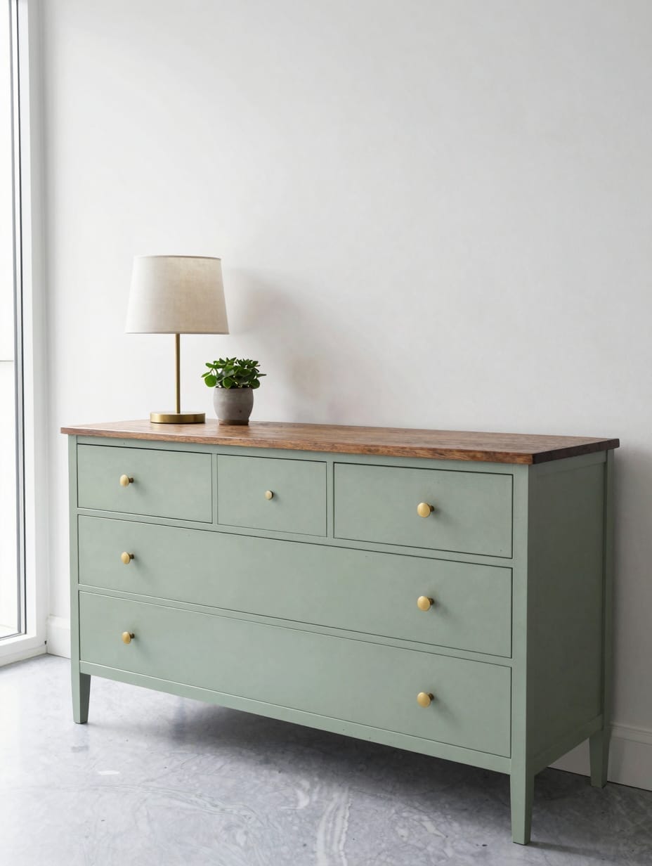 A refurbished wooden dresser painted matte black with new gold hardware.