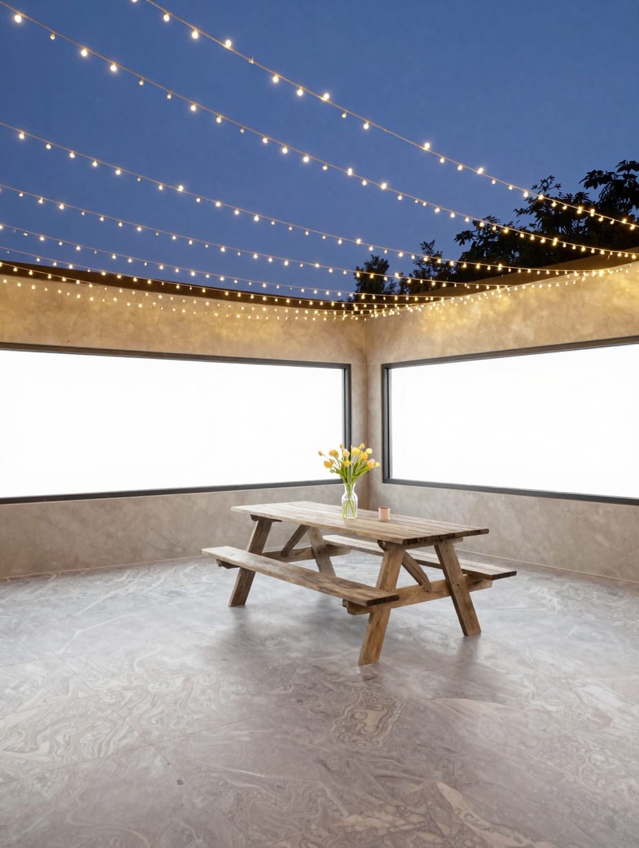 Warm glowing Edison string lights hanging over a backyard patio and grill area.