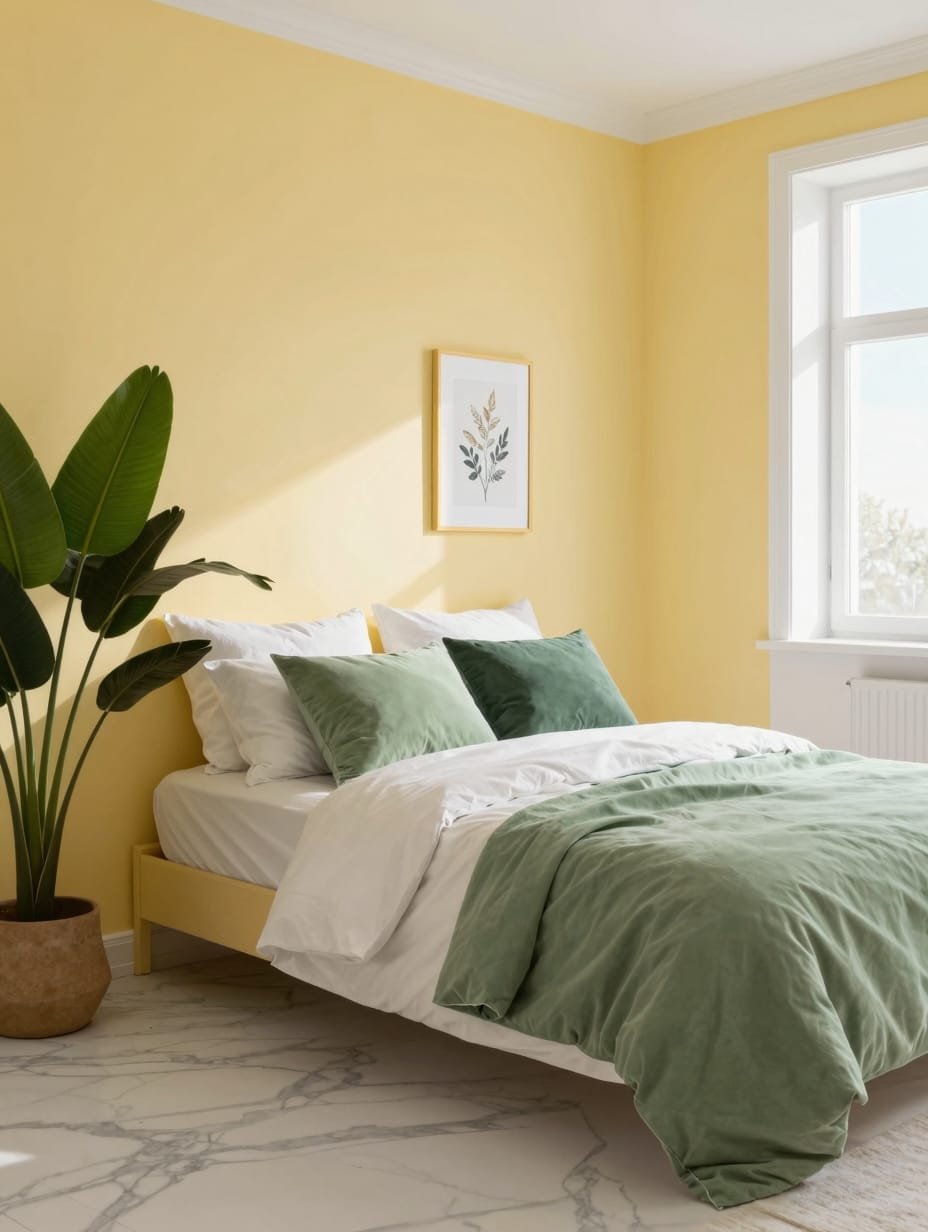 A bedroom scene showing vibrant green houseplants alongside butter yellow decor elements.