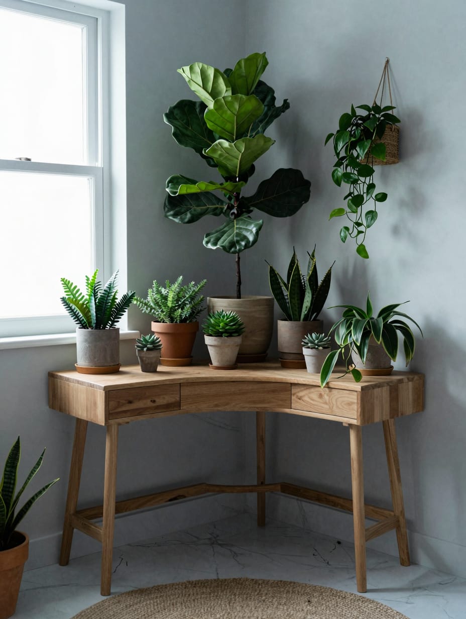 Corner desk surrounded by multiple potted plants, natural light, and green accents.