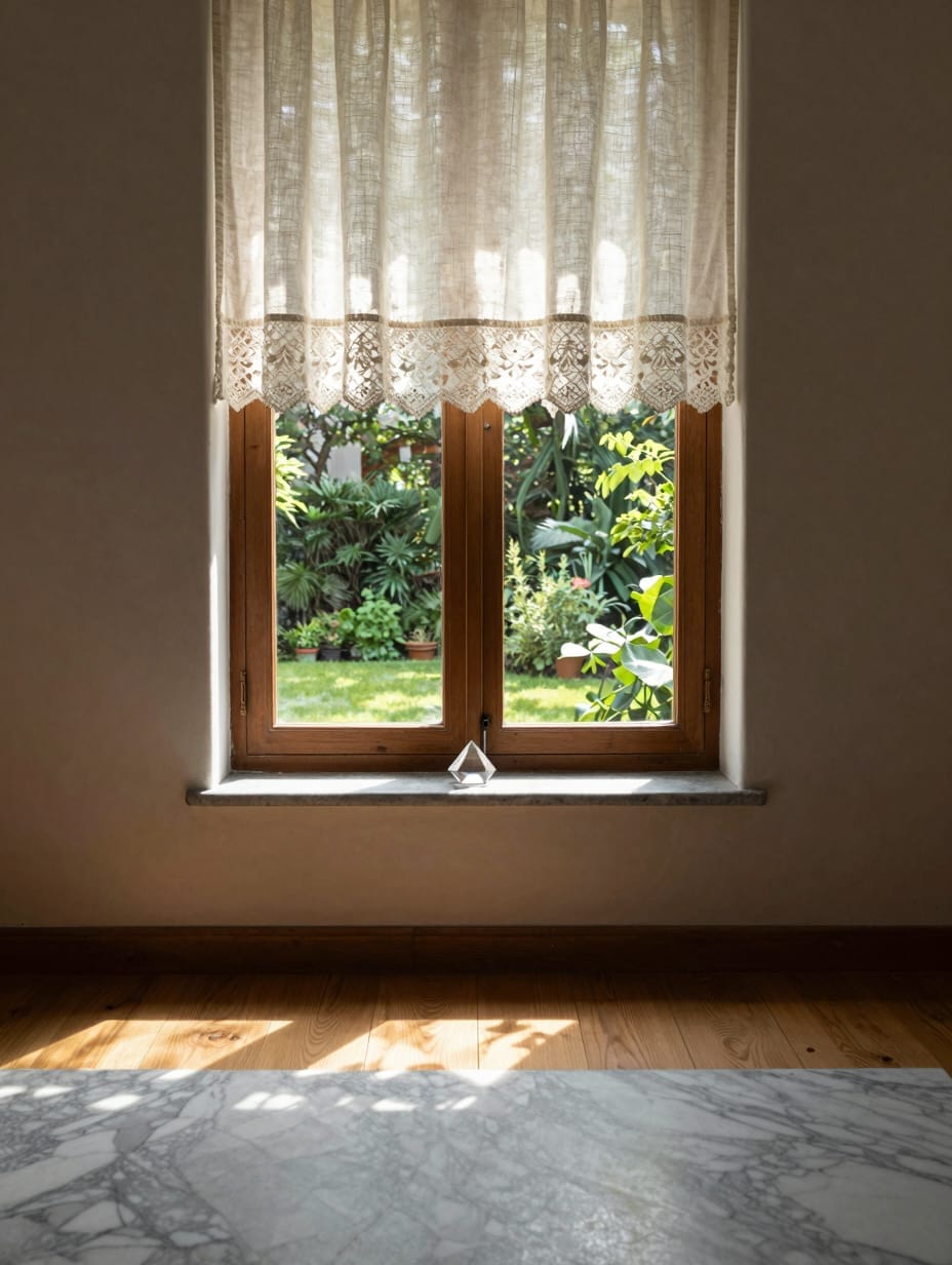 Kitchen window adorned with a dreamy white floral lace valance.