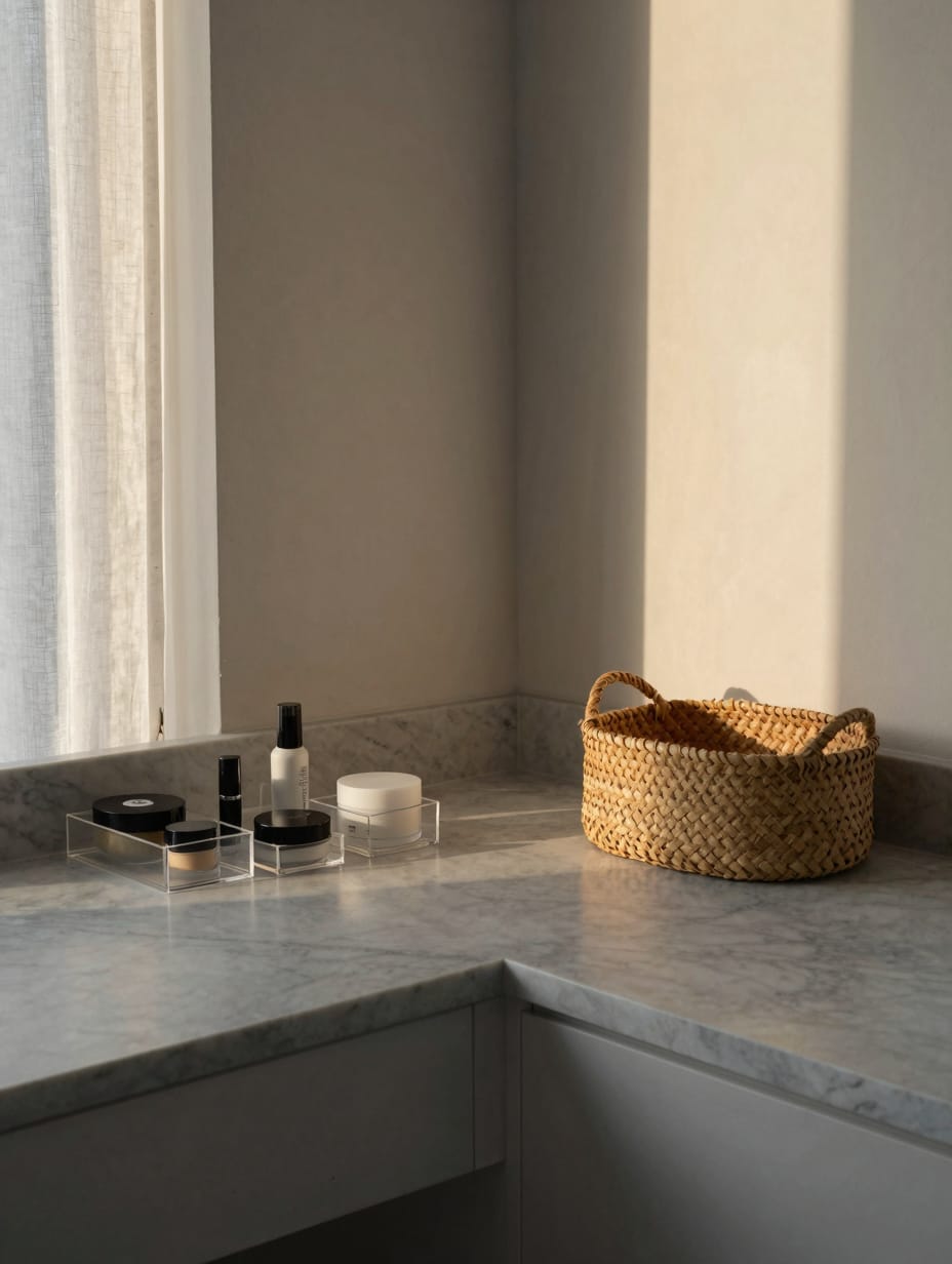 Organized bathroom shelves with neatly arranged towels and apothecary jars.