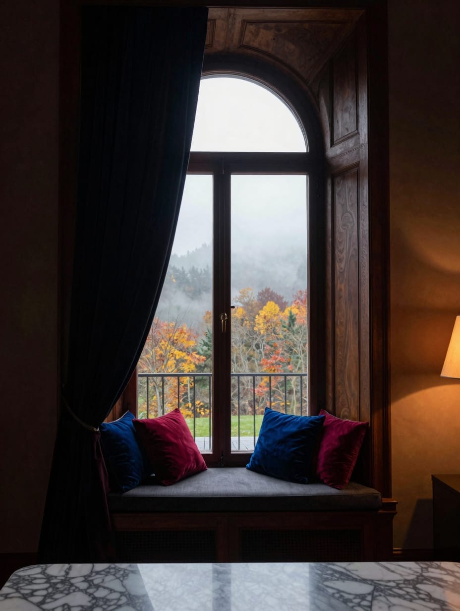 Dark bedroom with tall windows framed by heavy, dark drapes, showcasing architectural beauty.